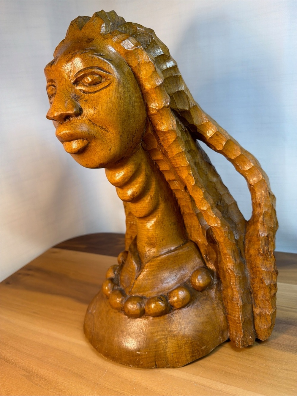 VTG Hand Curved wooden bust woman styled traditional African Folk tribal art 14"